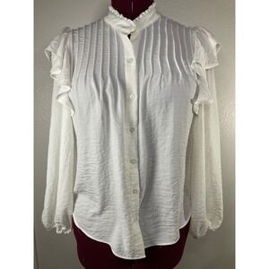 Alex Marie Ruffle‎ Blouse Pleated Front Long Sleeve Top White Size S